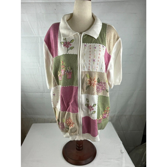 Women’s Alfred Dunner Patchwork Embroidered Zip Up Sweater Size 2XL Short Sleeve - Picture 1 of 4